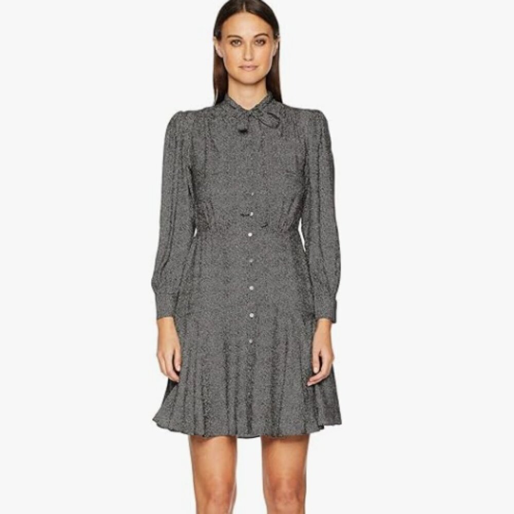 Rebecca Taylor Black & White Sprinkle Dot Tie Neck Long Sleeve Silk Dress NWT
